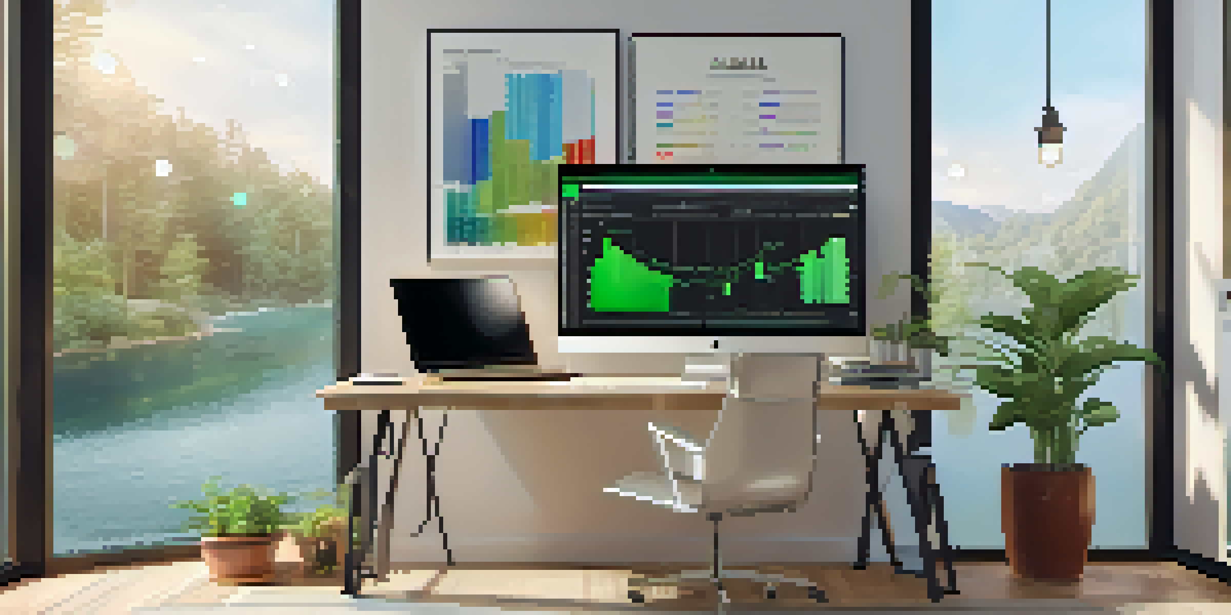 A bright modern workspace with a computer showing video editing software, colorful charts, and green plants.