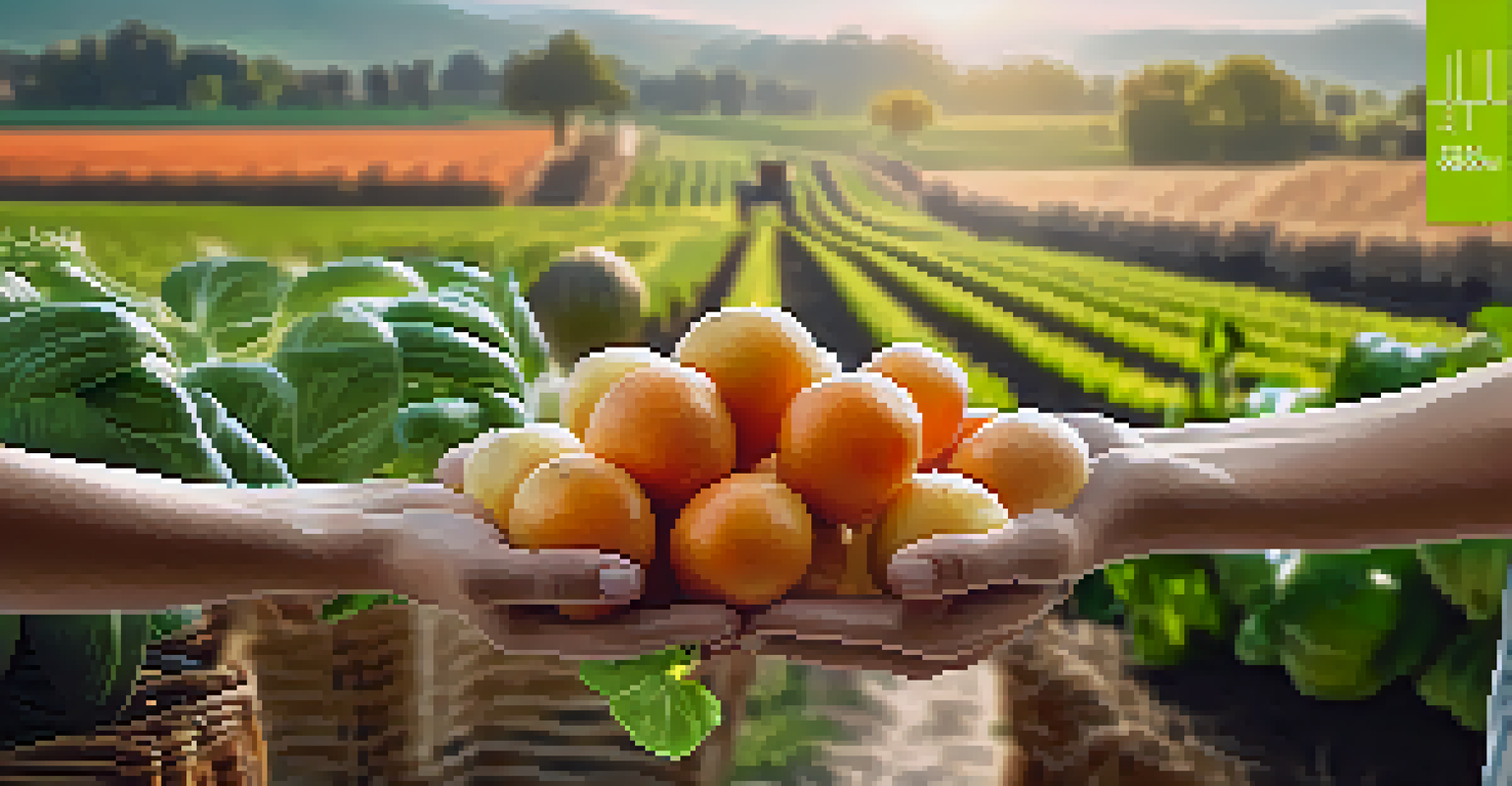 A close-up image of a farmer's hands with fresh produce, overlaid with digital blockchain data points, set in a sunny farm environment.