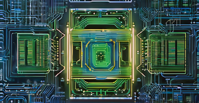 A detailed close-up of a quantum computer's circuitry with glowing qubits in a dimly lit environment.