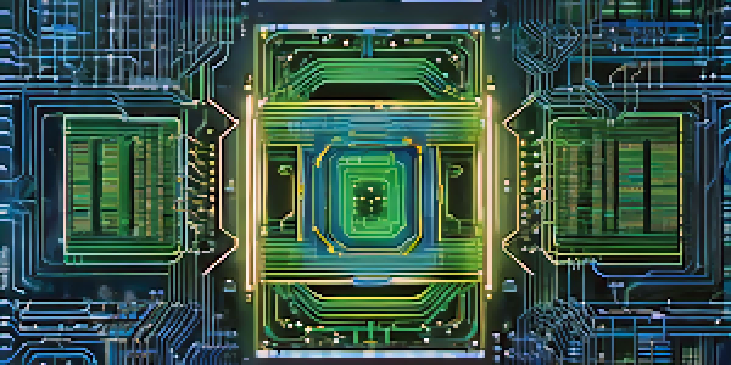 A detailed close-up of a quantum computer's circuitry with glowing qubits in a dimly lit environment.