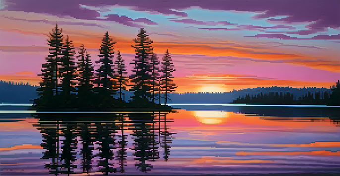 A tranquil lake at sunset, with vibrant colors in the sky and silhouettes of pine trees surrounding the water.