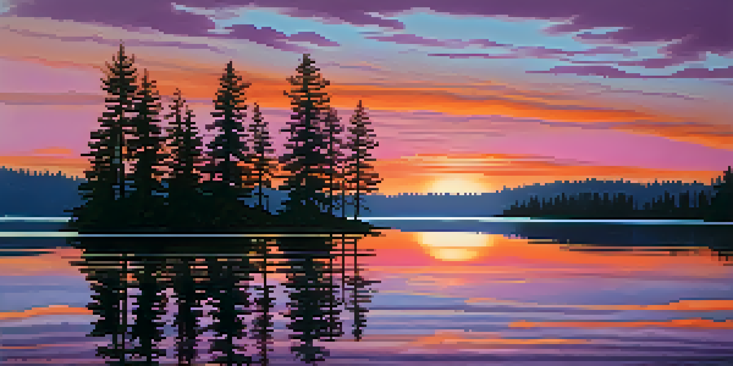 A tranquil lake at sunset, with vibrant colors in the sky and silhouettes of pine trees surrounding the water.