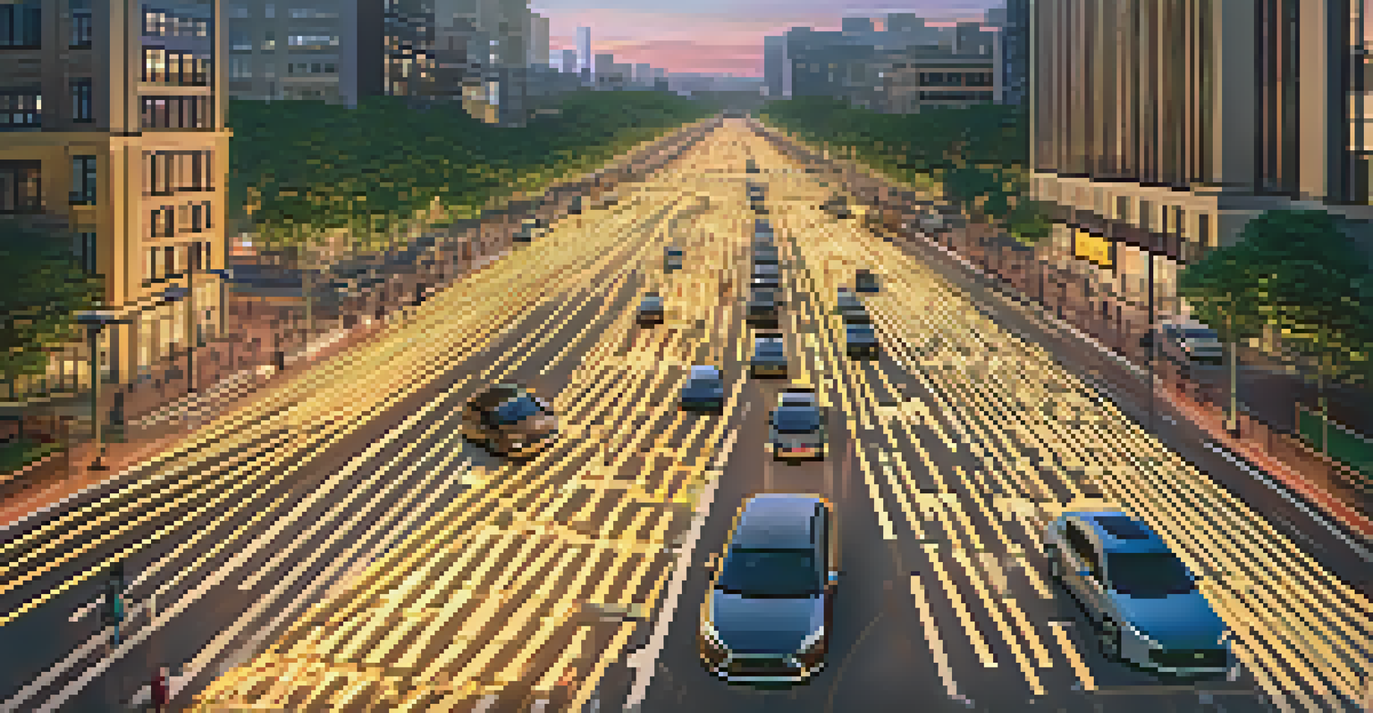 An aerial view of a city intersection with digital traffic data overlays, showing vehicles and pedestrians.