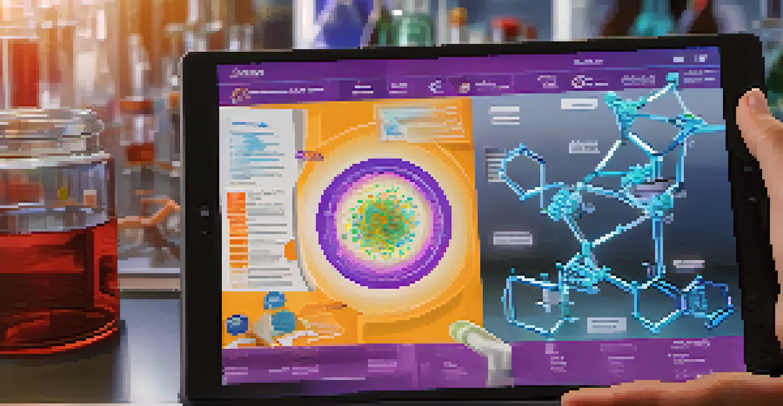 A student holding a tablet showing a 3D model of DNA, with a science lab setting in the background.