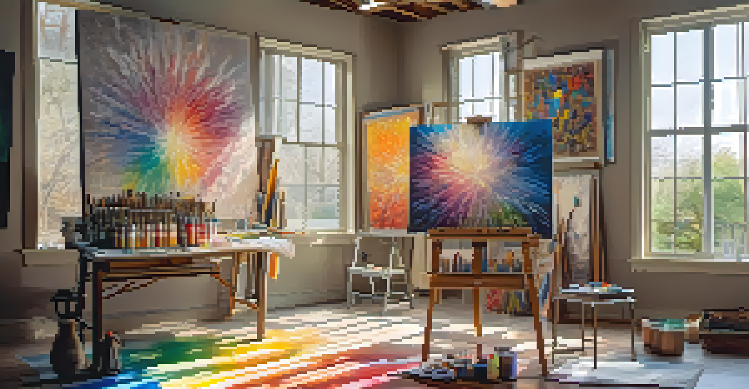 An artist's studio with a colorful mural on an easel, filled with paints and brushes, illuminated by sunlight.