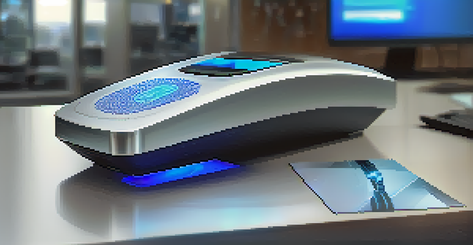 A close-up view of a biometric fingerprint scanner on a desk in an office, with a glowing blue light and a blurred background of a workspace.