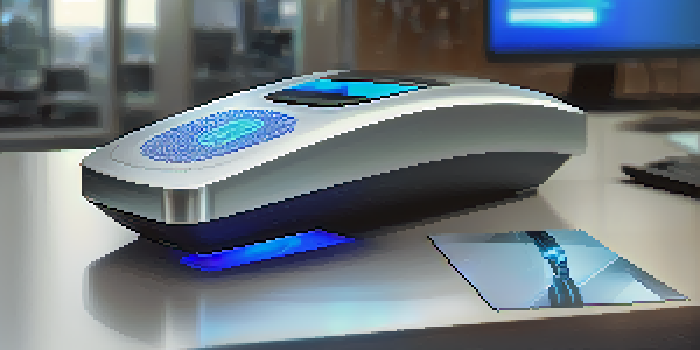 A close-up view of a biometric fingerprint scanner on a desk in an office, with a glowing blue light and a blurred background of a workspace.