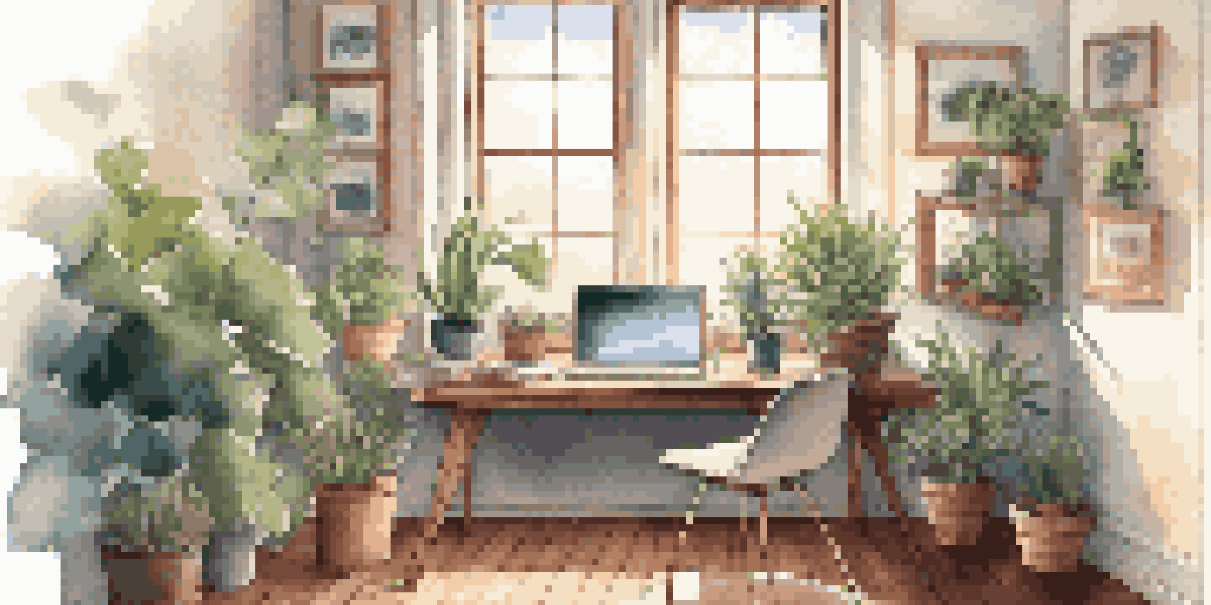 A modern office desk with a laptop displaying a content management system, houseplants, and a coffee mug, illuminated by soft morning light.