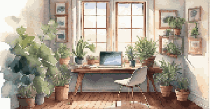 A modern office desk with a laptop displaying a content management system, houseplants, and a coffee mug, illuminated by soft morning light.