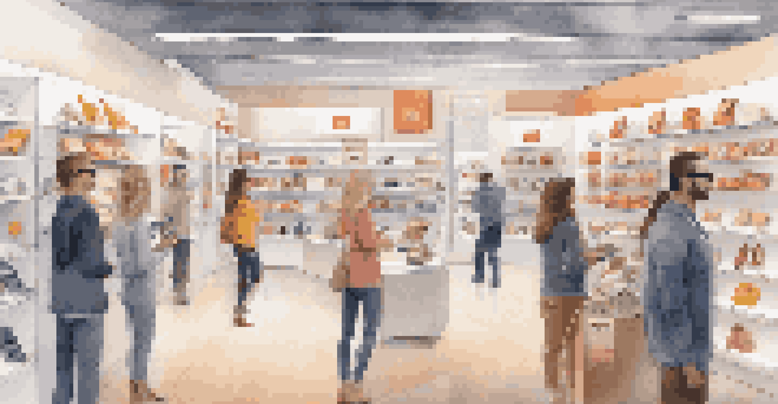 Shoppers in a modern retail store using AR glasses to see product information, surrounded by shelves of gadgets and digital overlays.