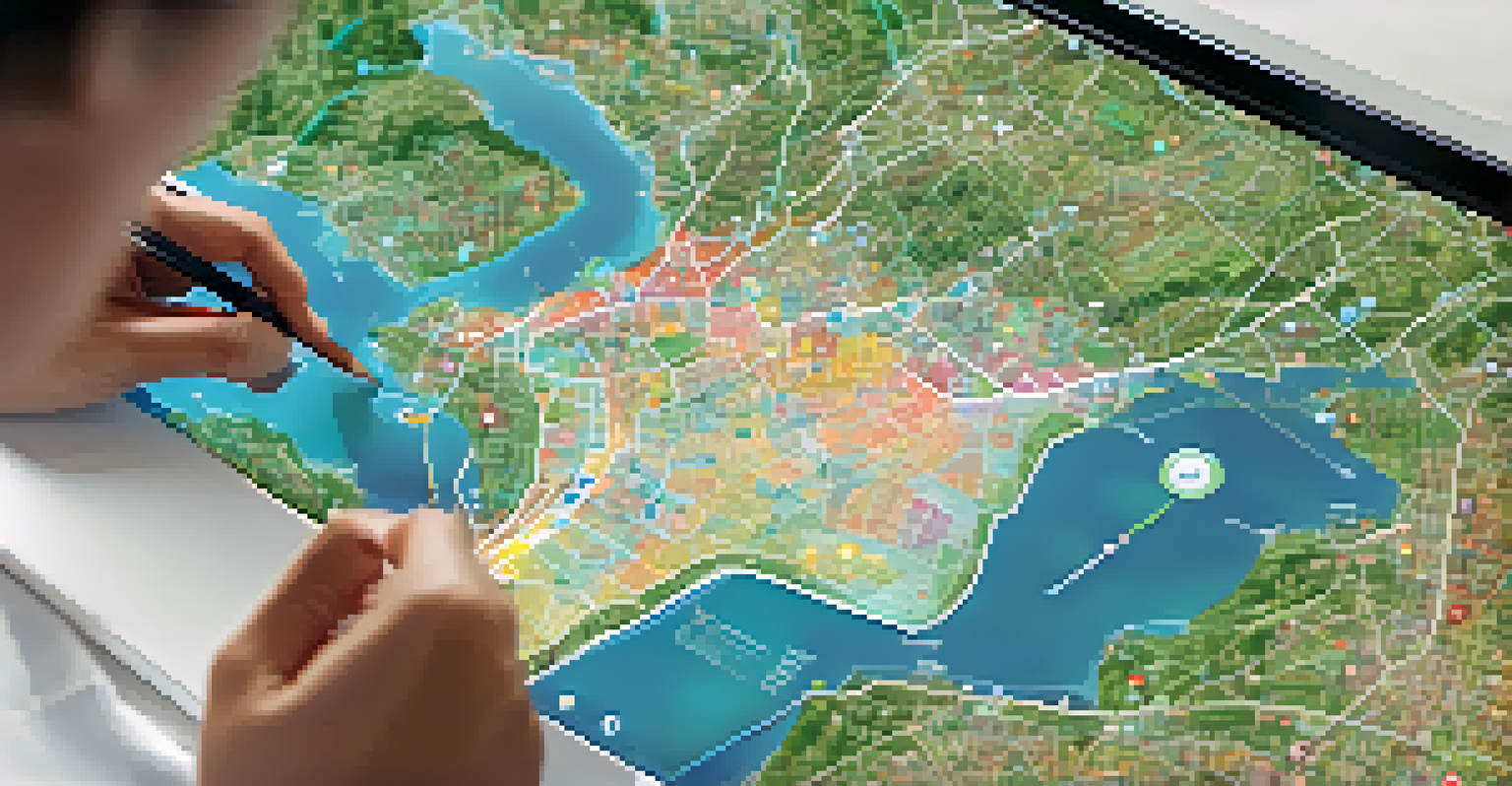 A person interacting with a colorful digital map on a computer screen, showing various data layers.