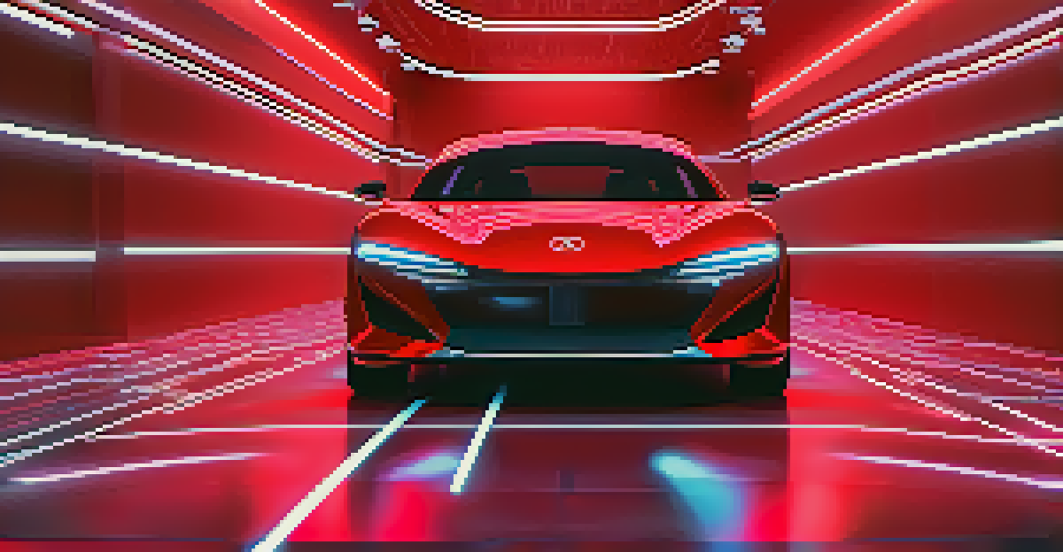 A modern car in a digital environment with holographic performance data displays.