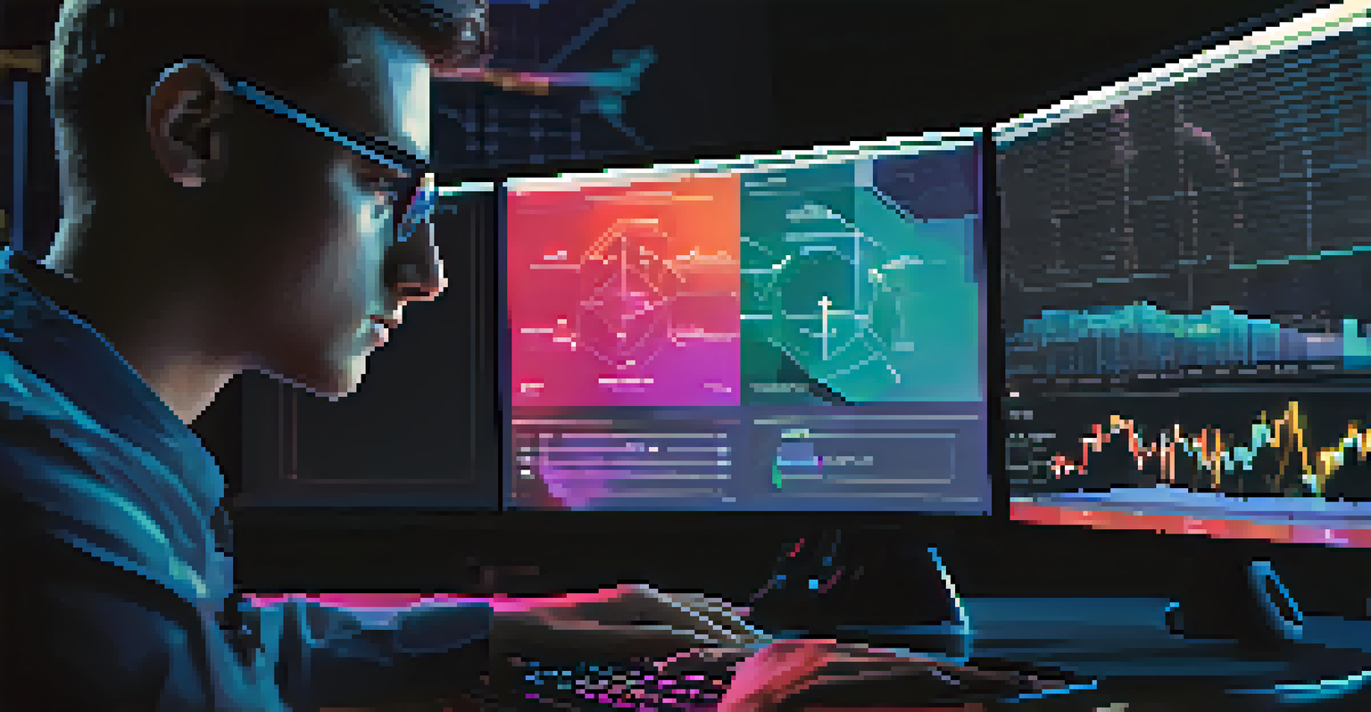 A close-up of a computer screen showing a colorful real-time monitoring dashboard for cloud security compliance, with a hand typing on a keyboard in the foreground.