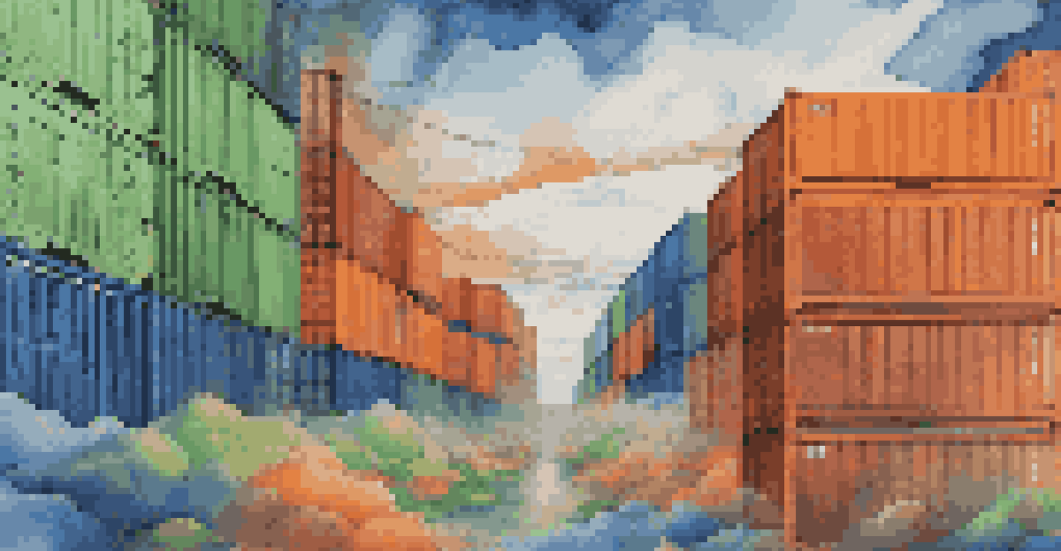 An abstract digital landscape with colorful shipping containers representing containerization and cloud integration.