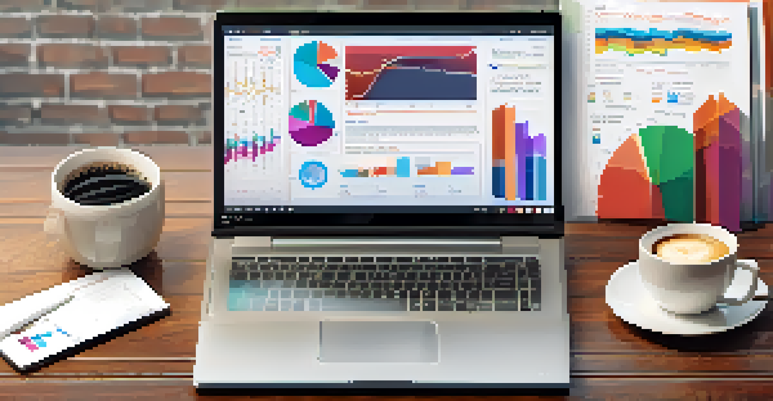 An open laptop on a desk showing email marketing analytics with a cup of coffee and a notepad.