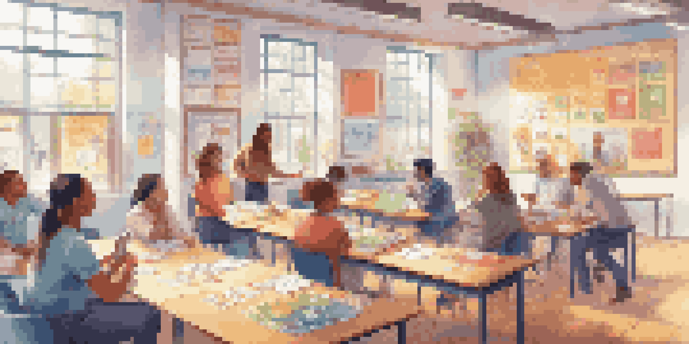 A lively classroom with teachers interacting with gamification tools, including leaderboards and badges, while collaborating around a table.