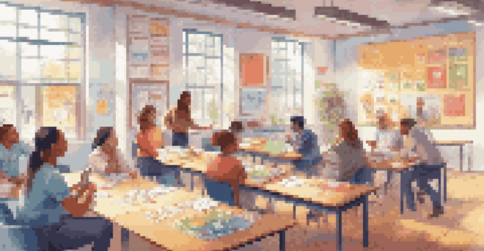 A lively classroom with teachers interacting with gamification tools, including leaderboards and badges, while collaborating around a table.