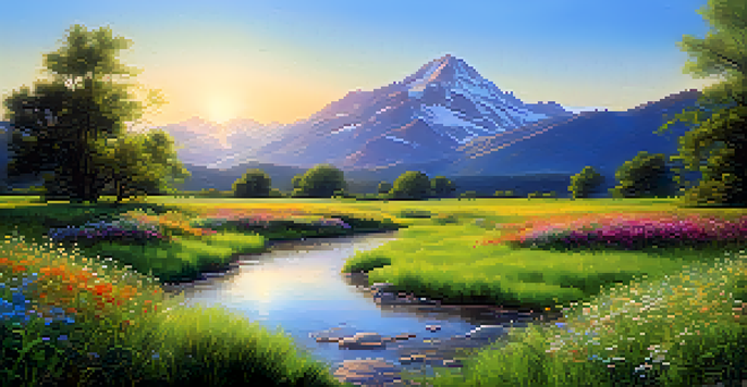 A peaceful landscape with a green meadow, colorful wildflowers, a flowing stream, and distant mountains under a clear sky.