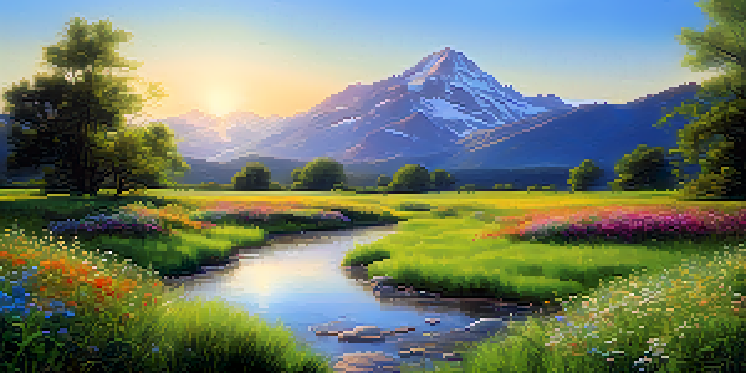 A peaceful landscape with a green meadow, colorful wildflowers, a flowing stream, and distant mountains under a clear sky.