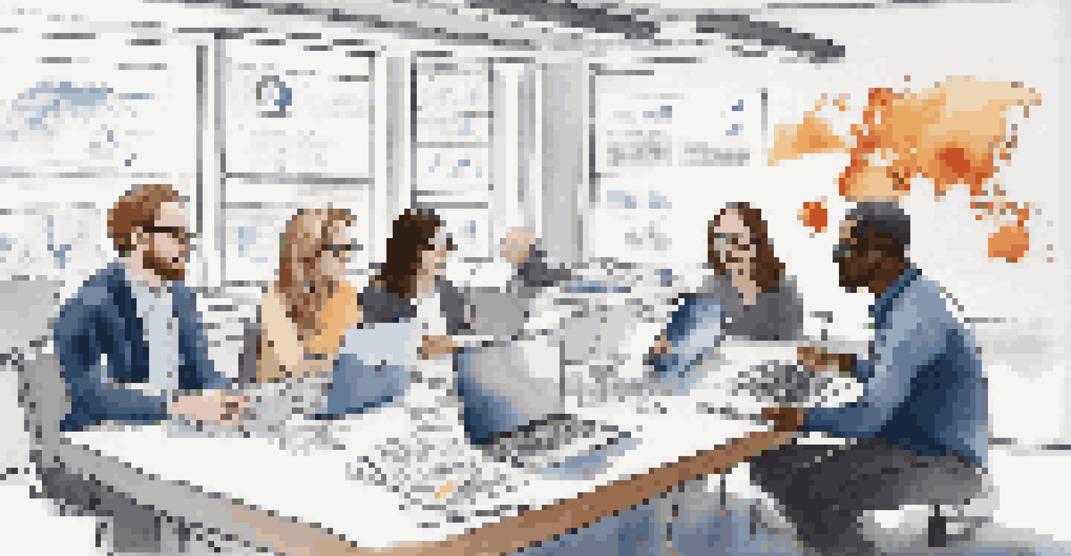 A diverse group of journalists collaborating and discussing NLP in a bright meeting room with technology.