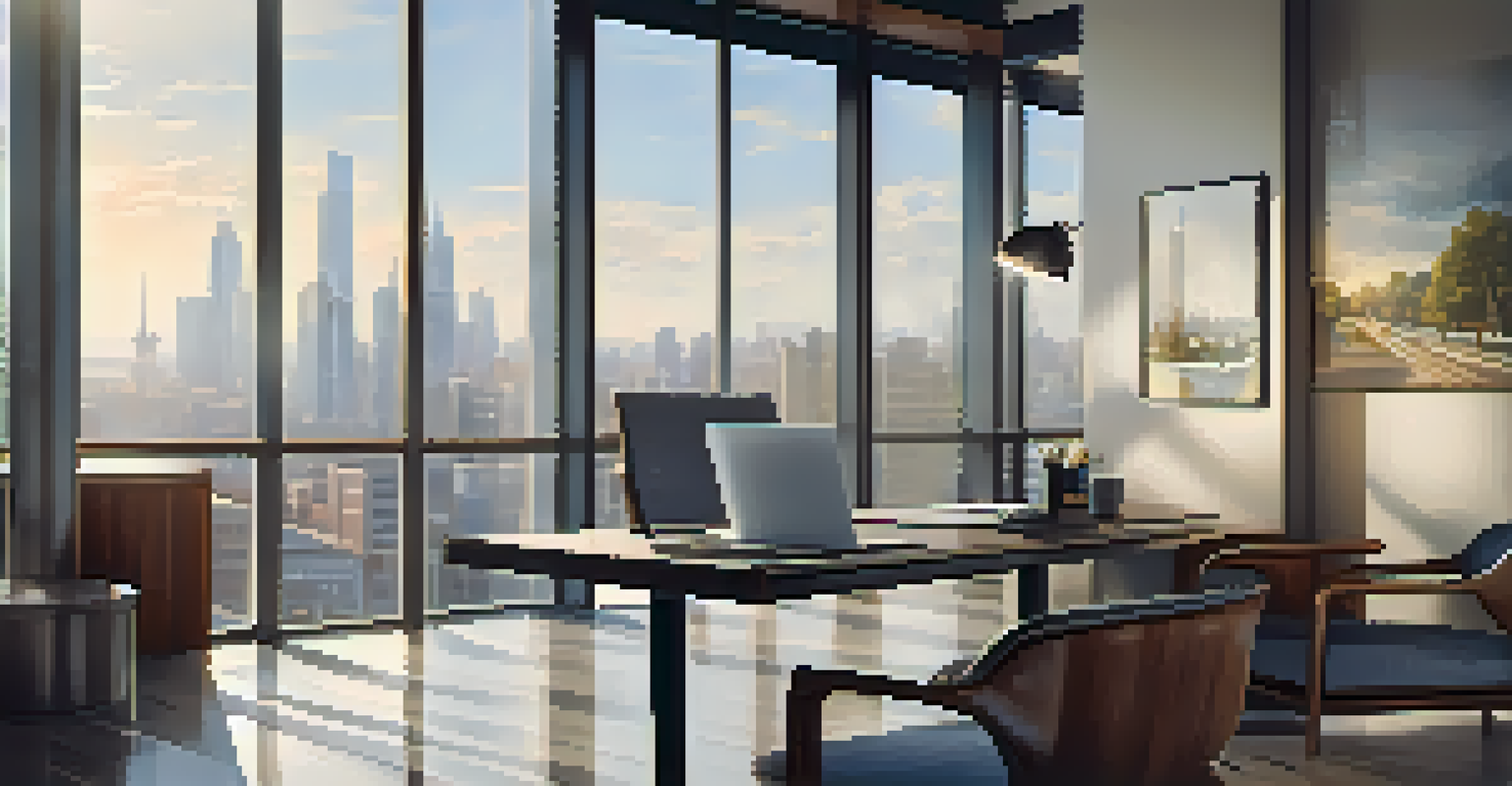 A stylish office with a modern desk, laptop, coffee cup, and city view through the windows.