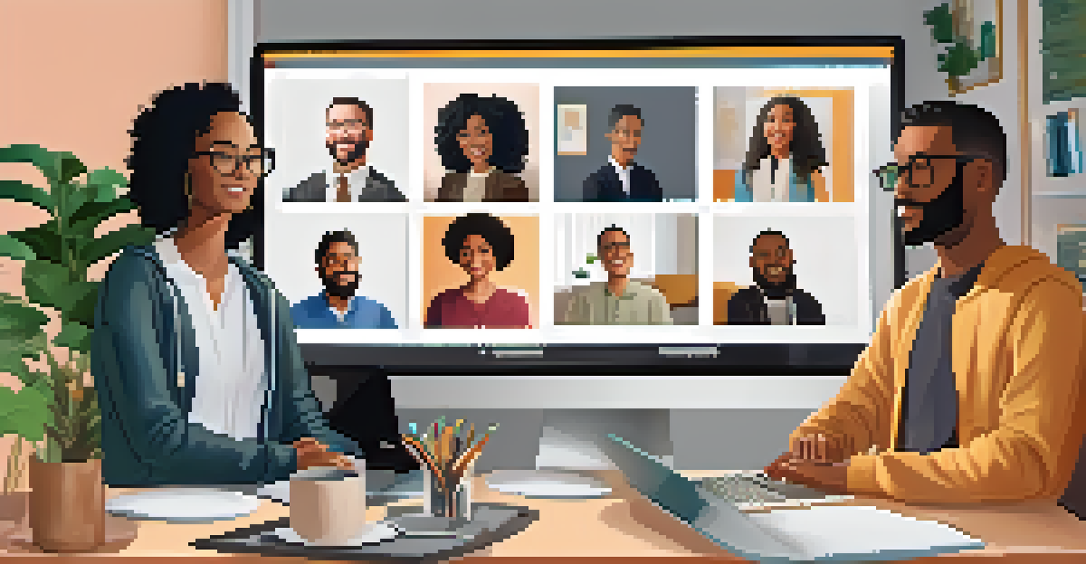 Diverse individuals participating in an online community meeting displayed on a computer screen.