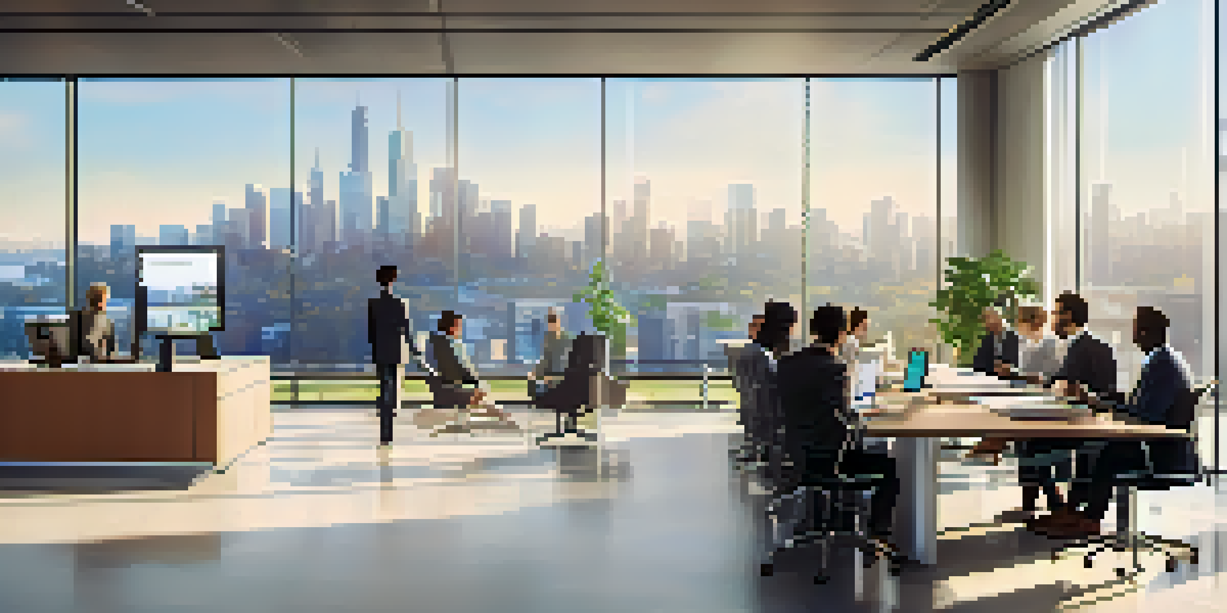 A diverse group of professionals in a modern office having a remote monitoring meeting, with a city skyline visible through the window.