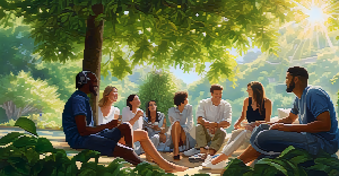 A group of diverse individuals in a serene outdoor setting, with a chat interface floating above them.