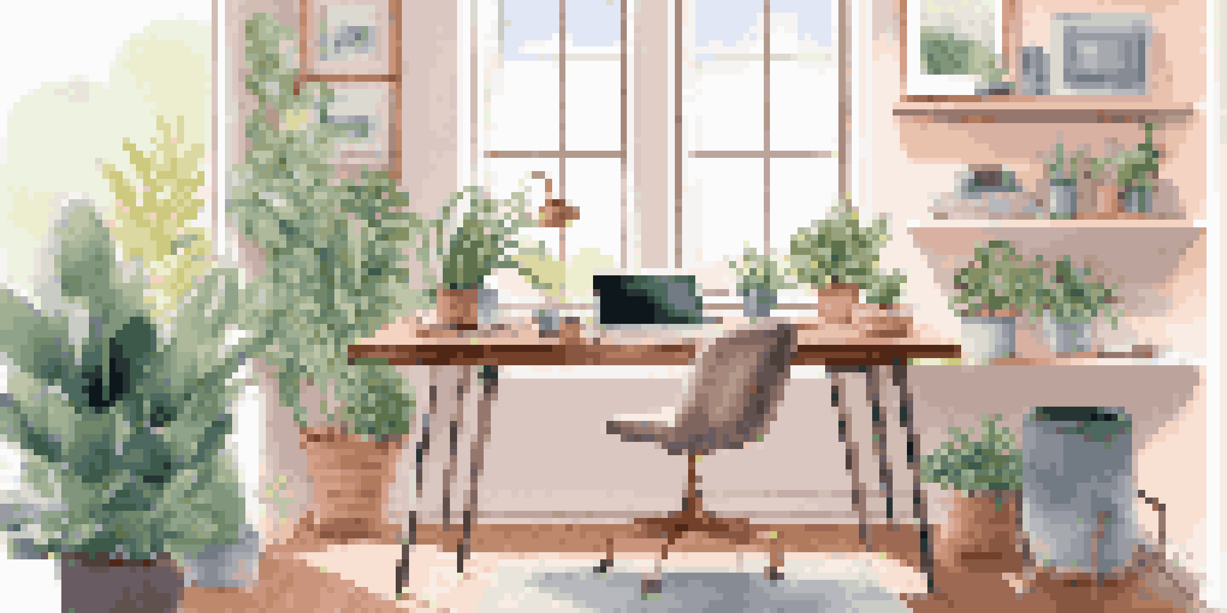 A bright and modern home office with a laptop, smart speaker, and plants, illuminated by natural sunlight.