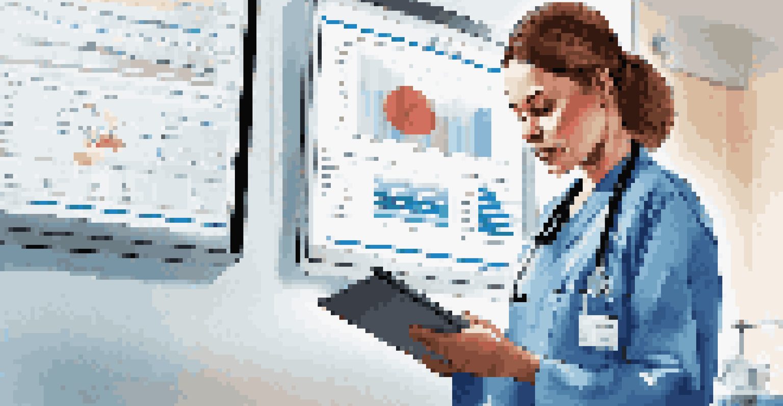 A healthcare professional in scrubs analyzing patient data on a tablet in a well-lit hospital room, with graphs and statistics visible on the screen.