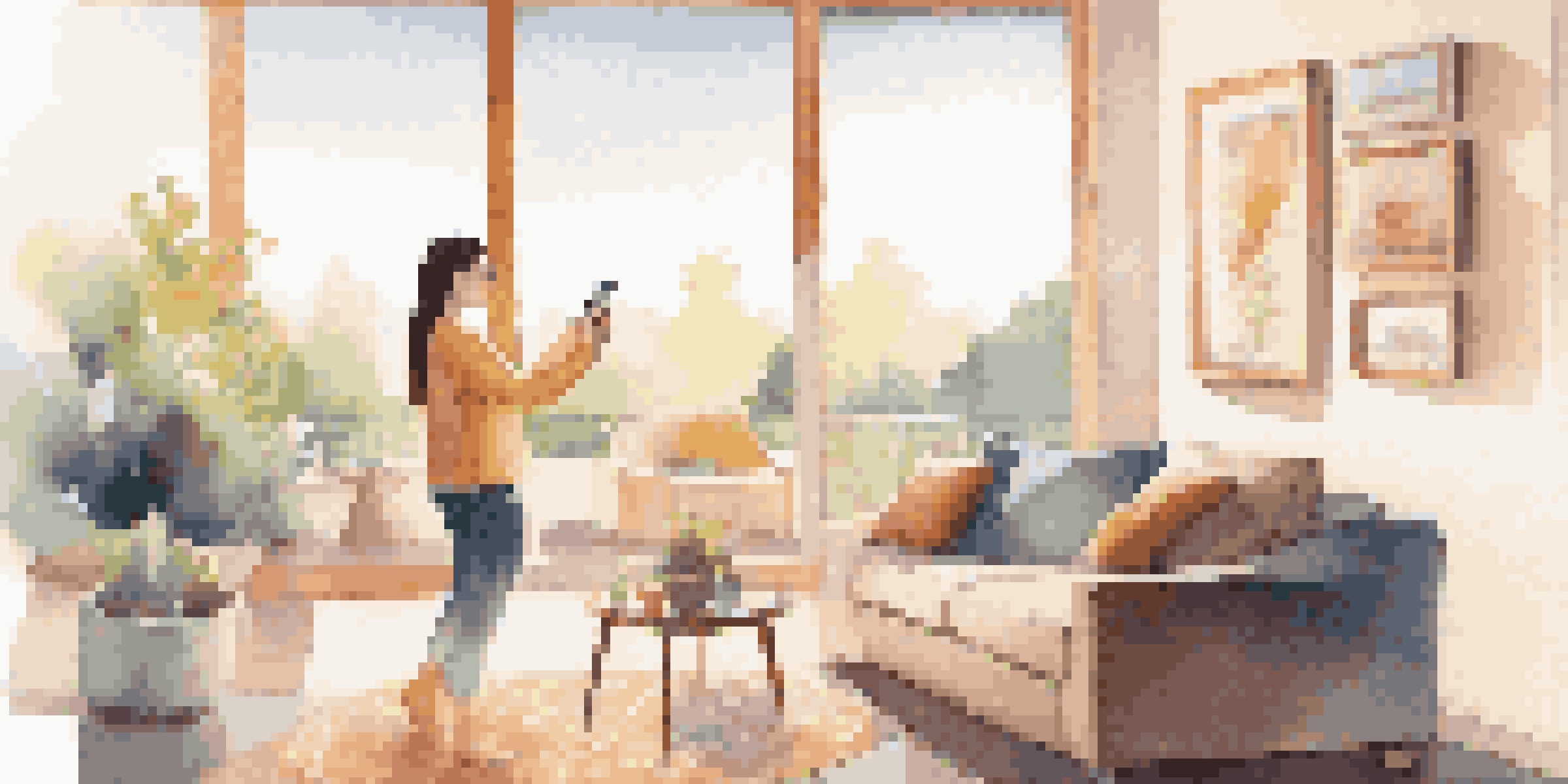 A visually impaired individual using a smartphone with voice command features in a bright living room, showcasing a user-friendly interface and a cozy atmosphere.