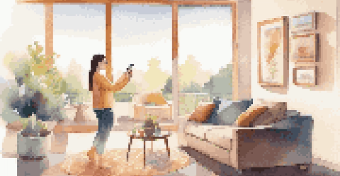 A visually impaired individual using a smartphone with voice command features in a bright living room, showcasing a user-friendly interface and a cozy atmosphere.