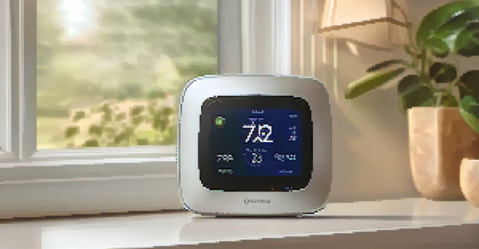 A smart thermostat on a wall in a cozy living room, showing temperature data with warm lighting and a sunny window.