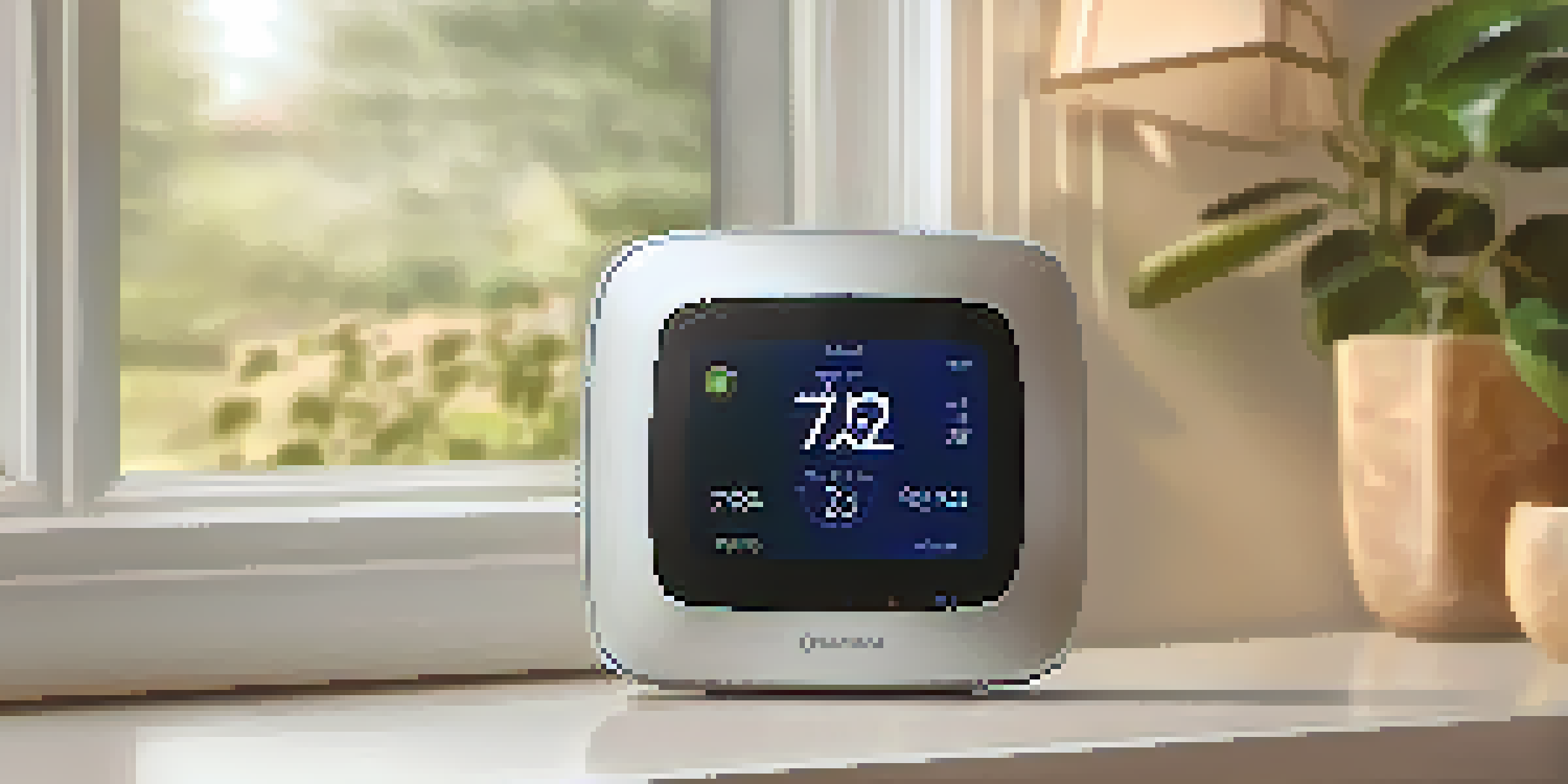 A smart thermostat on a wall in a cozy living room, showing temperature data with warm lighting and a sunny window.