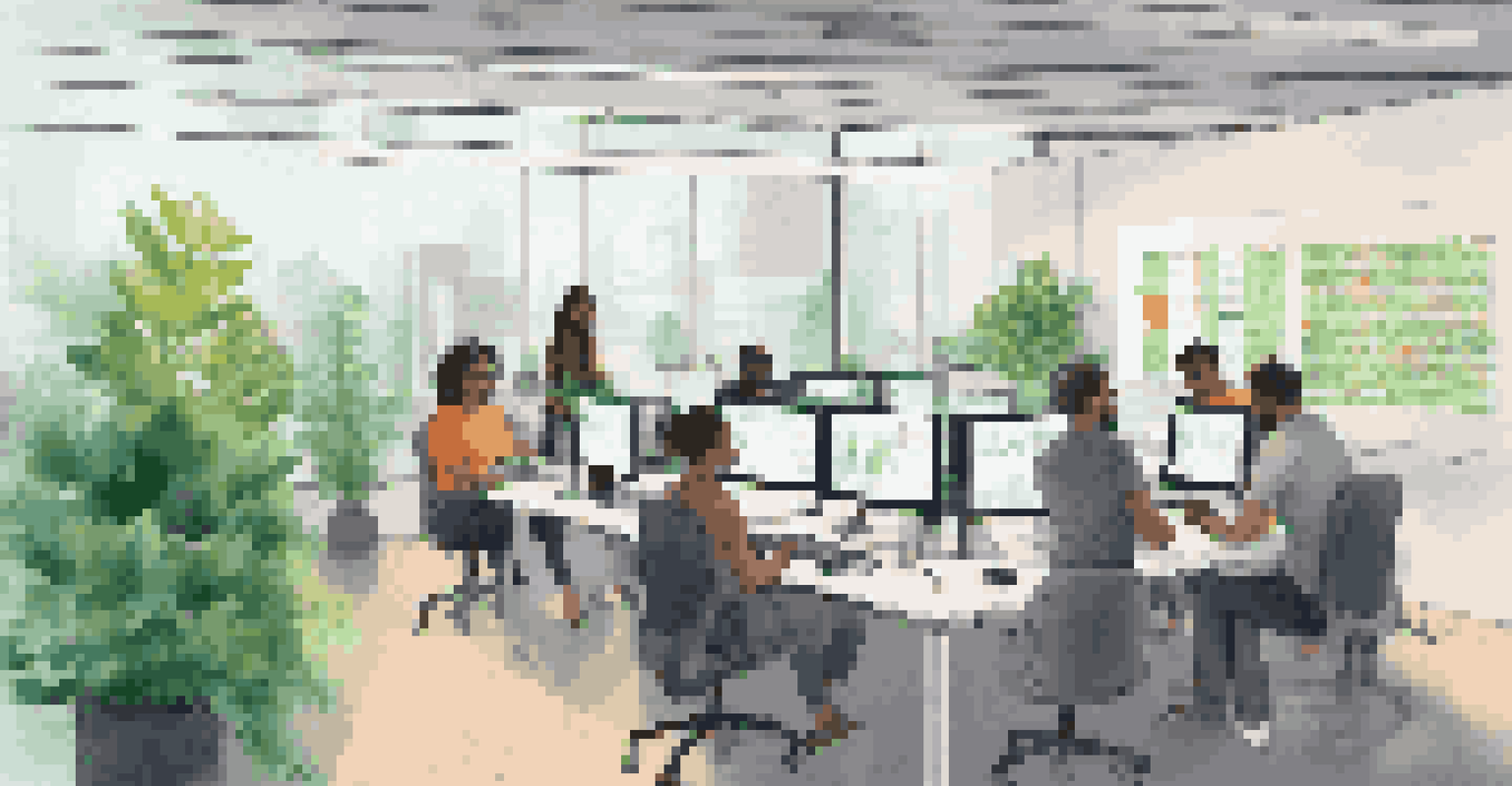 A diverse group of developers collaborating on an open-source software project, with a digital screen showing code and blockchain diagrams.
