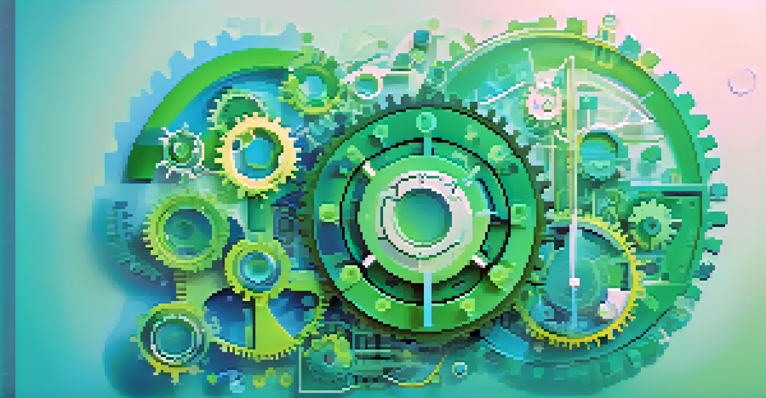 An abstract image of interconnected gears and digital icons representing technology and innovation, set against a blue and green gradient background.