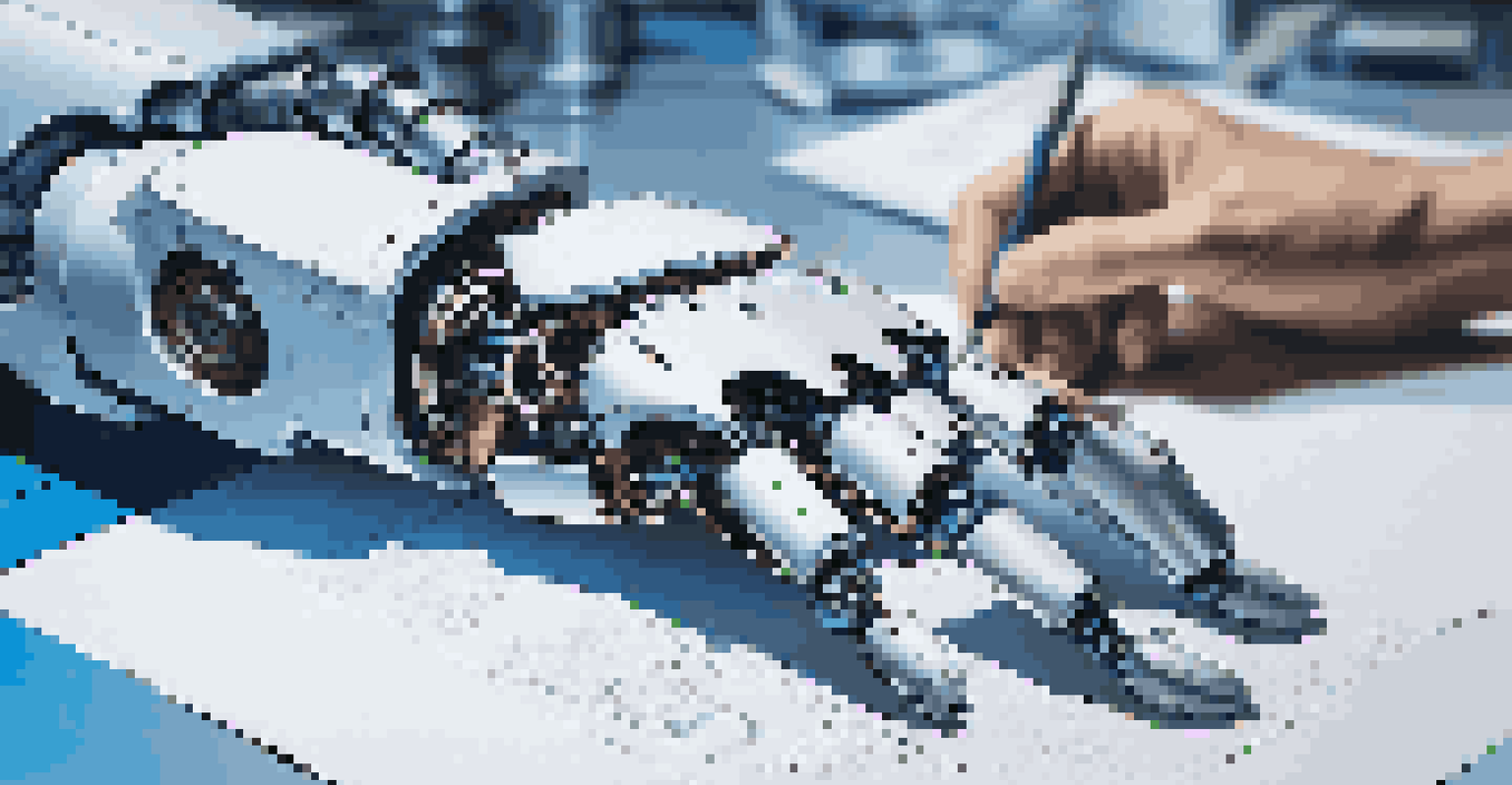 A robotic arm and a human hand working together, symbolizing the collaboration between automation and human effort.
