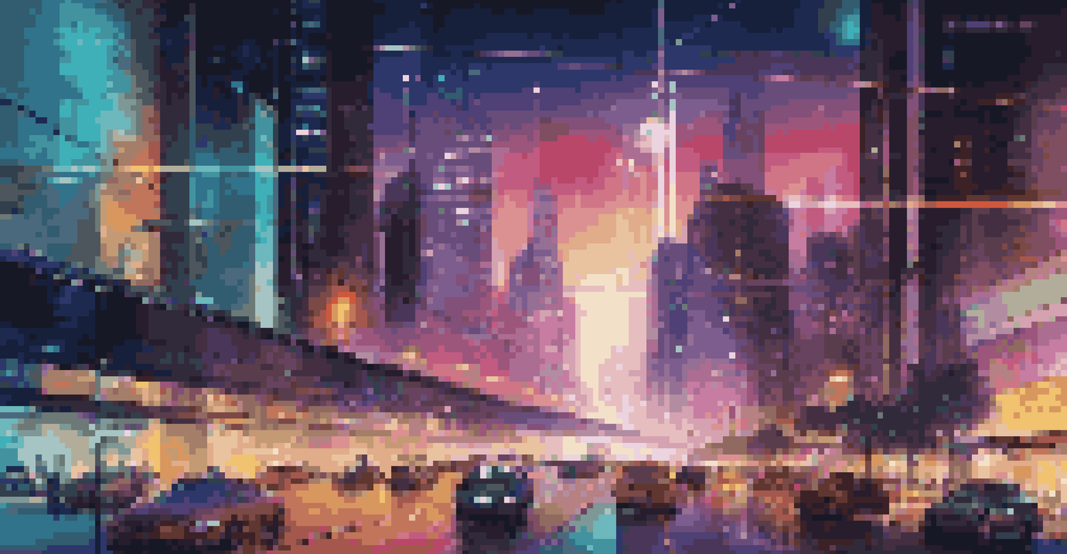 A futuristic city at night, showcasing smart technology and IoT devices integrated into the urban landscape.