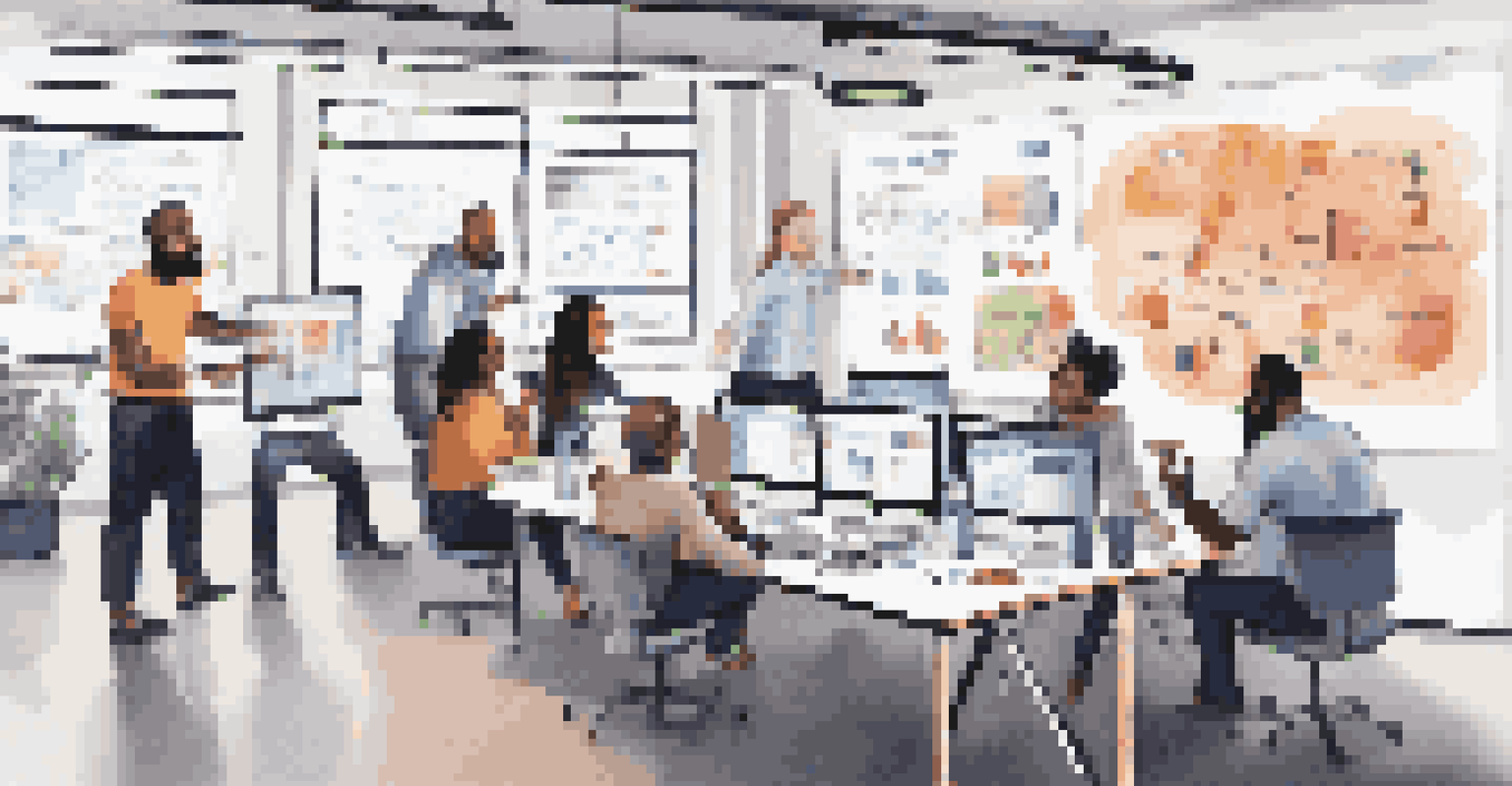 A diverse group of marketers collaborating around a table, discussing social media metrics with laptops and creative materials in a vibrant office.