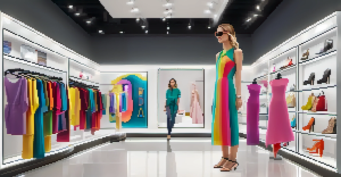 A customer using smart glasses to try on a virtual dress in a brightly lit fashion store with digital displays.