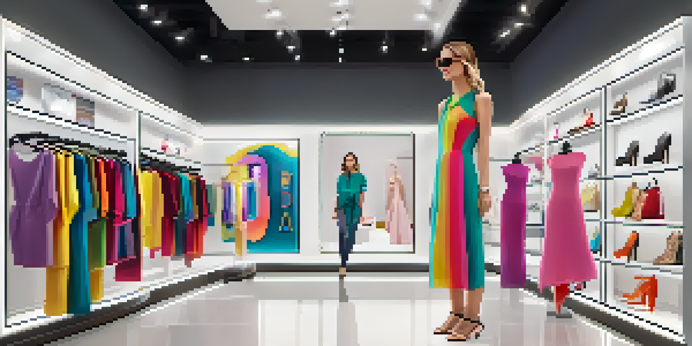 A customer using smart glasses to try on a virtual dress in a brightly lit fashion store with digital displays.