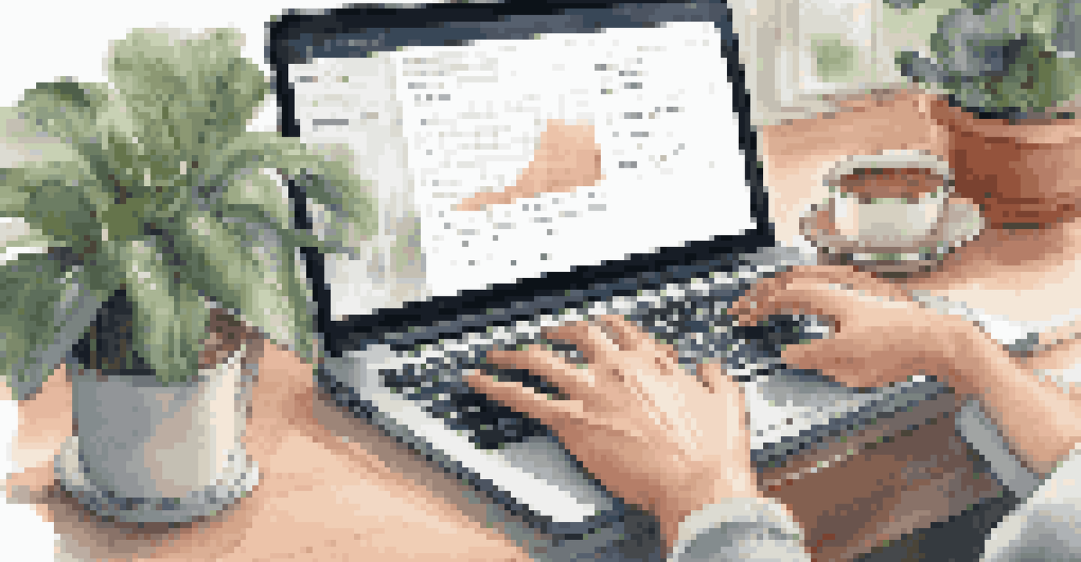 A close-up of hands typing on a laptop with a productivity app visible, surrounded by notes and a coffee mug.