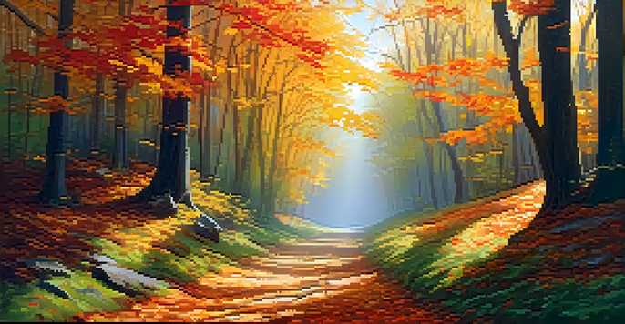 A peaceful autumn forest with colorful leaves and a winding path.