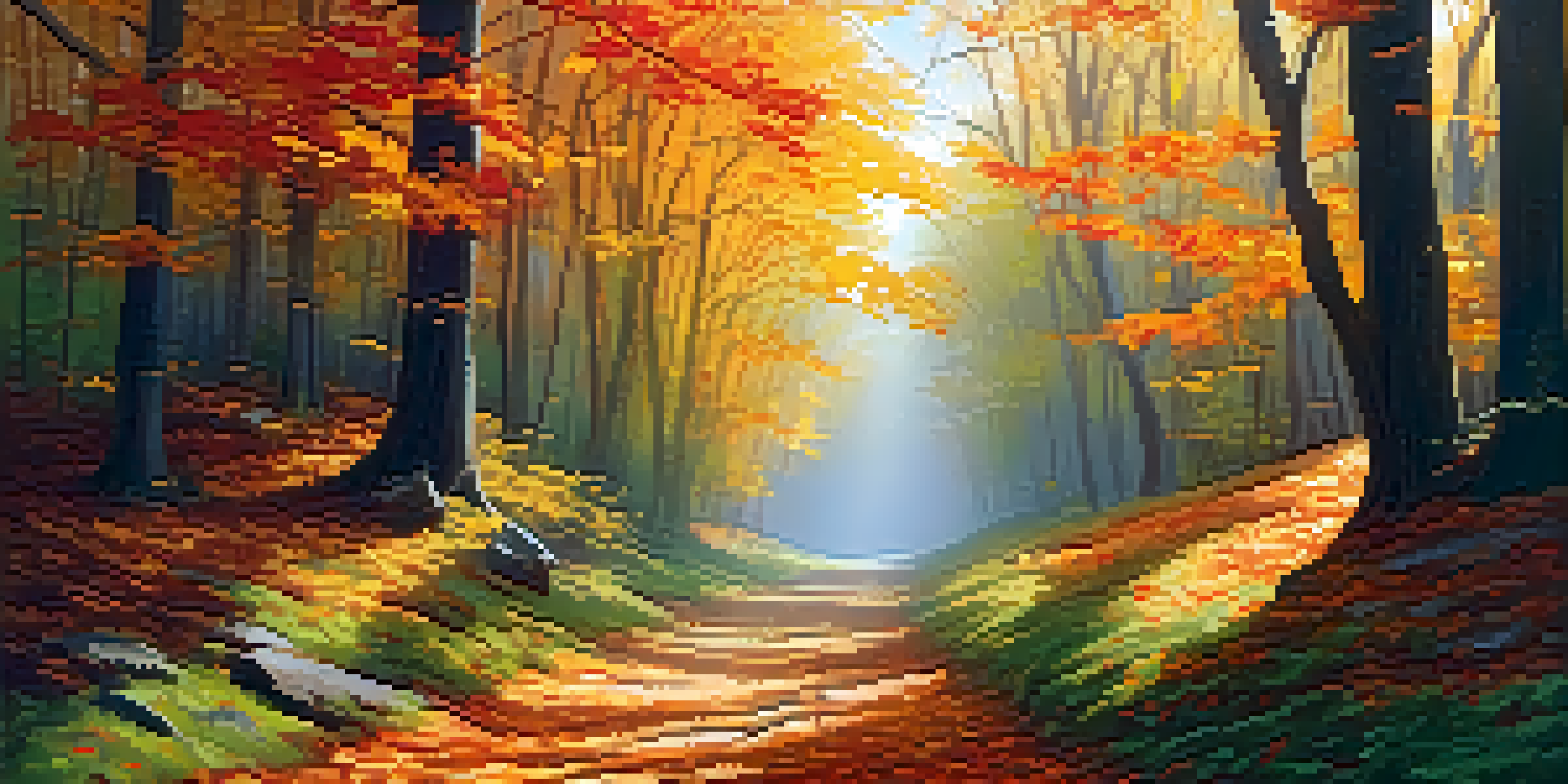 A peaceful autumn forest with colorful leaves and a winding path.