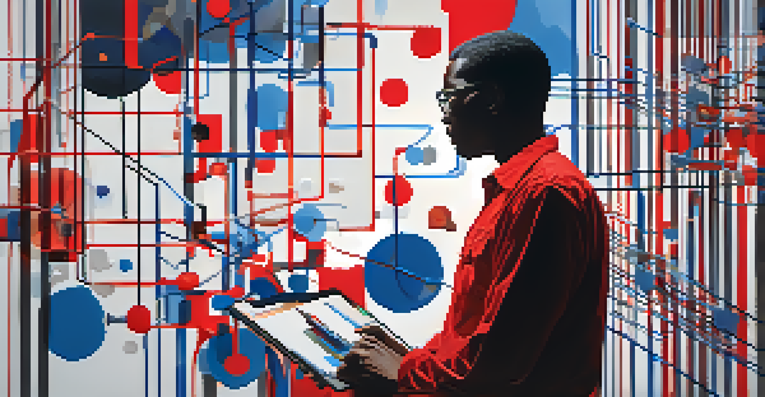 An abstract representation of bias in algorithms with colorful data streams and a silhouette of a person analyzing data.