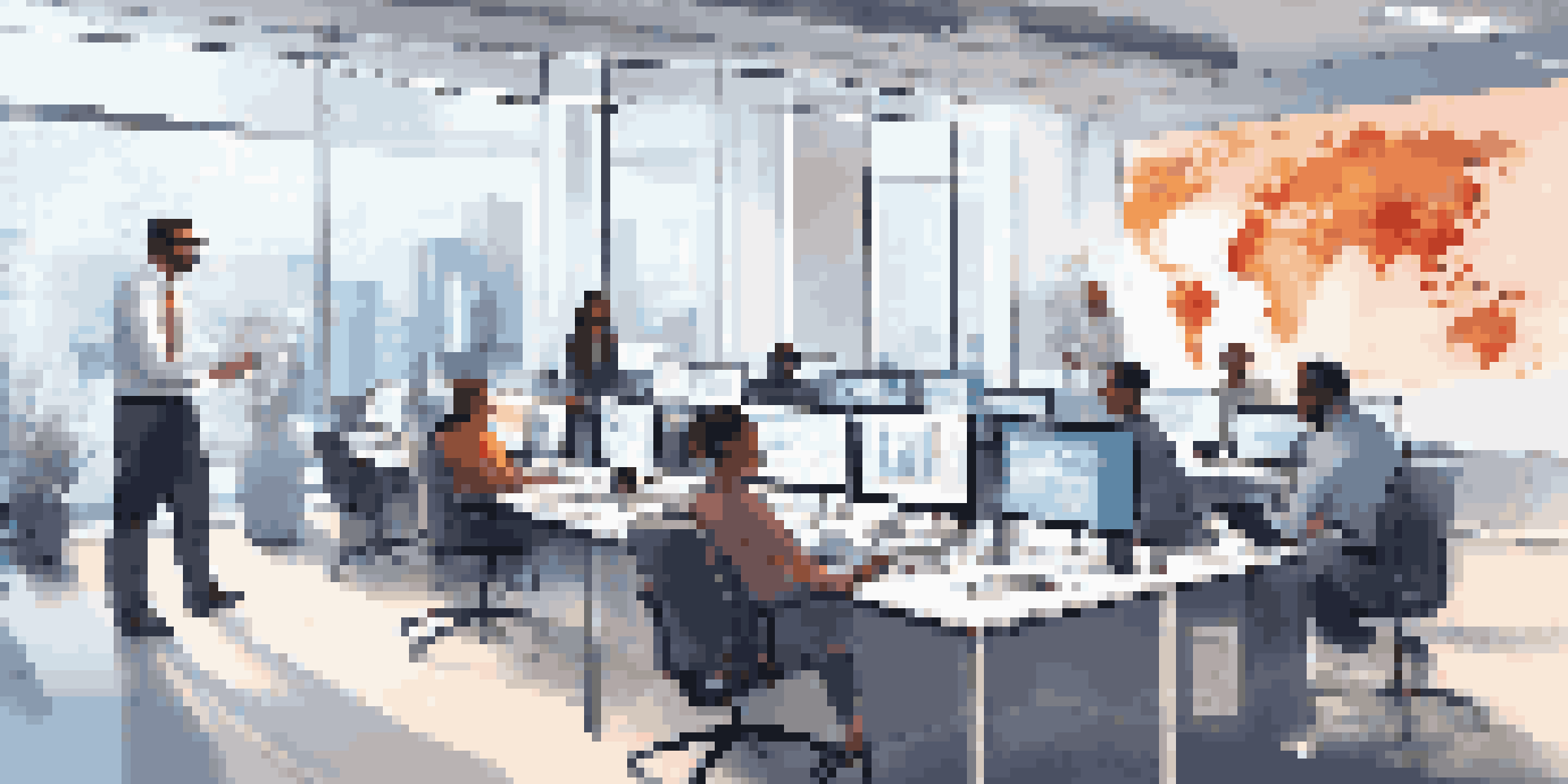 A diverse group of employees in a bright office participating in a cybersecurity training session with screens displaying data.