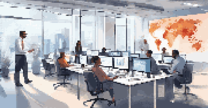 A diverse group of employees in a bright office participating in a cybersecurity training session with screens displaying data.