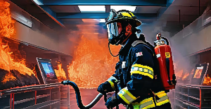 A firefighter using virtual reality to train in a simulated fire environment, with flames and smoke around them.