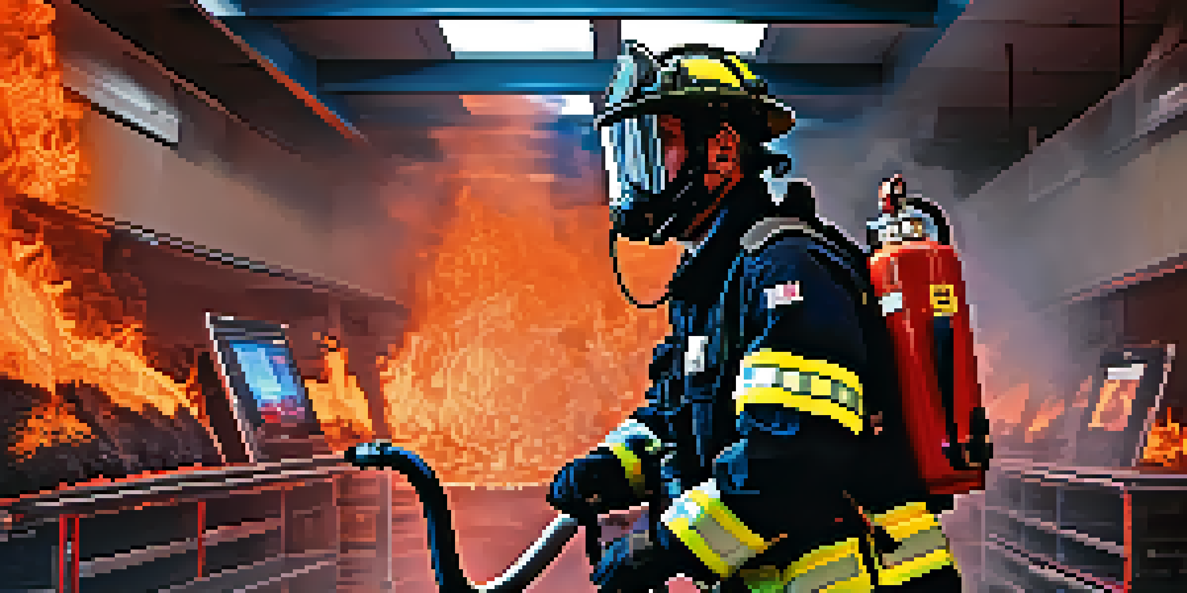 A firefighter using virtual reality to train in a simulated fire environment, with flames and smoke around them.