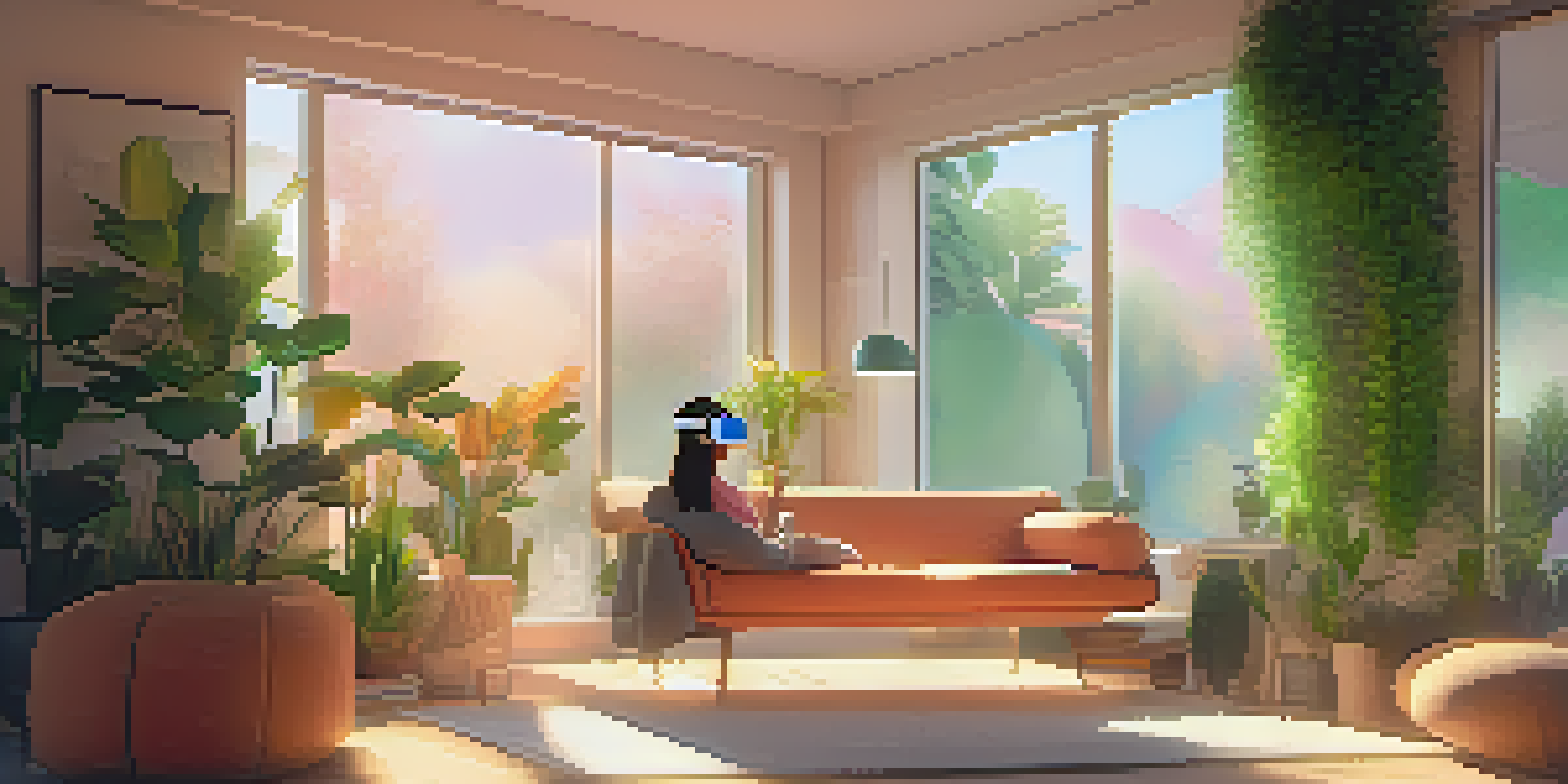A young woman experiencing a virtual reality therapy session in a cozy, well-lit room with plants and abstract art.